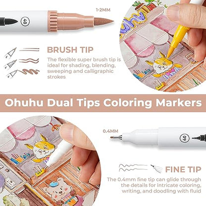 100 Ohuhu Markers for Coloring Books - No bleeding - Dual Tips Fineliner & Brush Drawing Pens - Maui